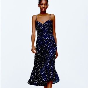 ZARA Navy Blue MIDI Dress White Polka Dots Women Size Large, Button details
